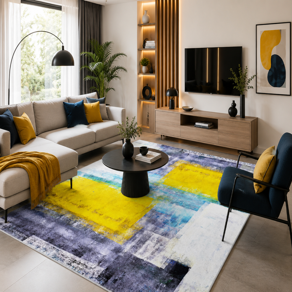 Tapis Moderne Design Jaune et Bleu - Milo