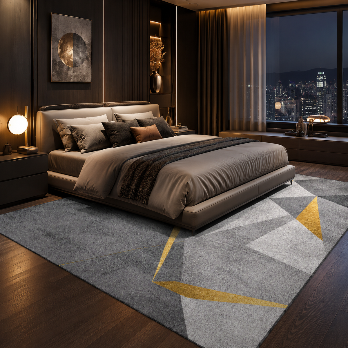 Tapis Géométrique Gris et Or - Aura