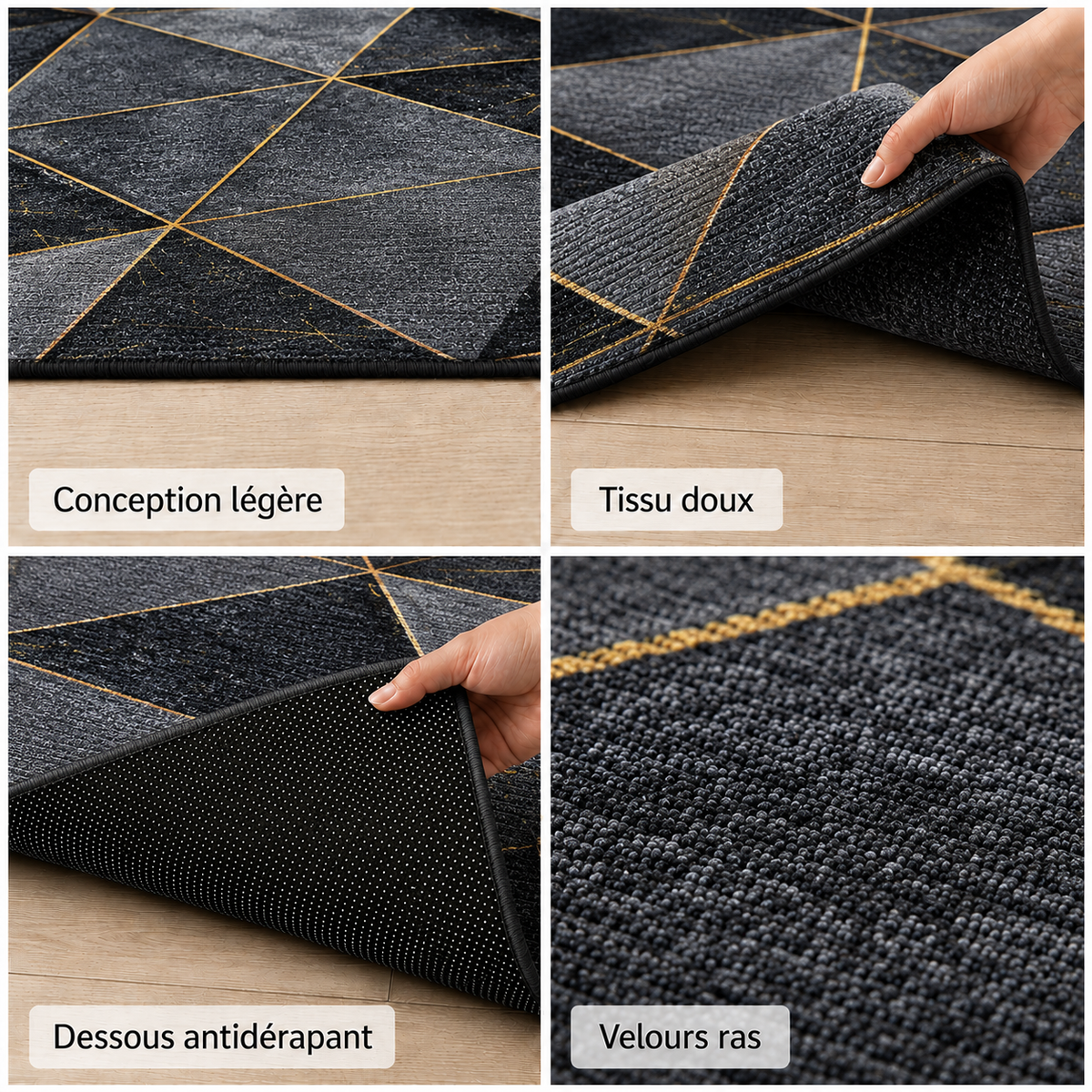 Tapis Géométrique Noir et Or - Noctis