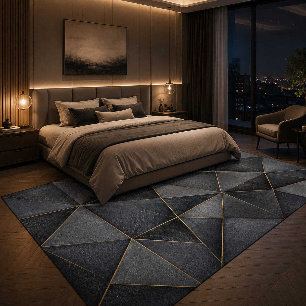 Tapis Géométrique Noir et Or - Noctis