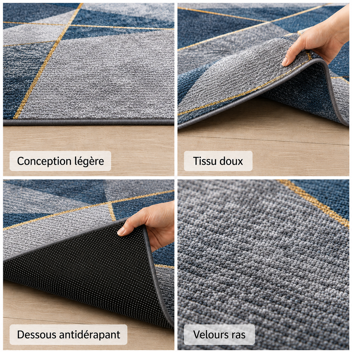 Tapis Géométrique Bleu Ardoise et Or - Azurio