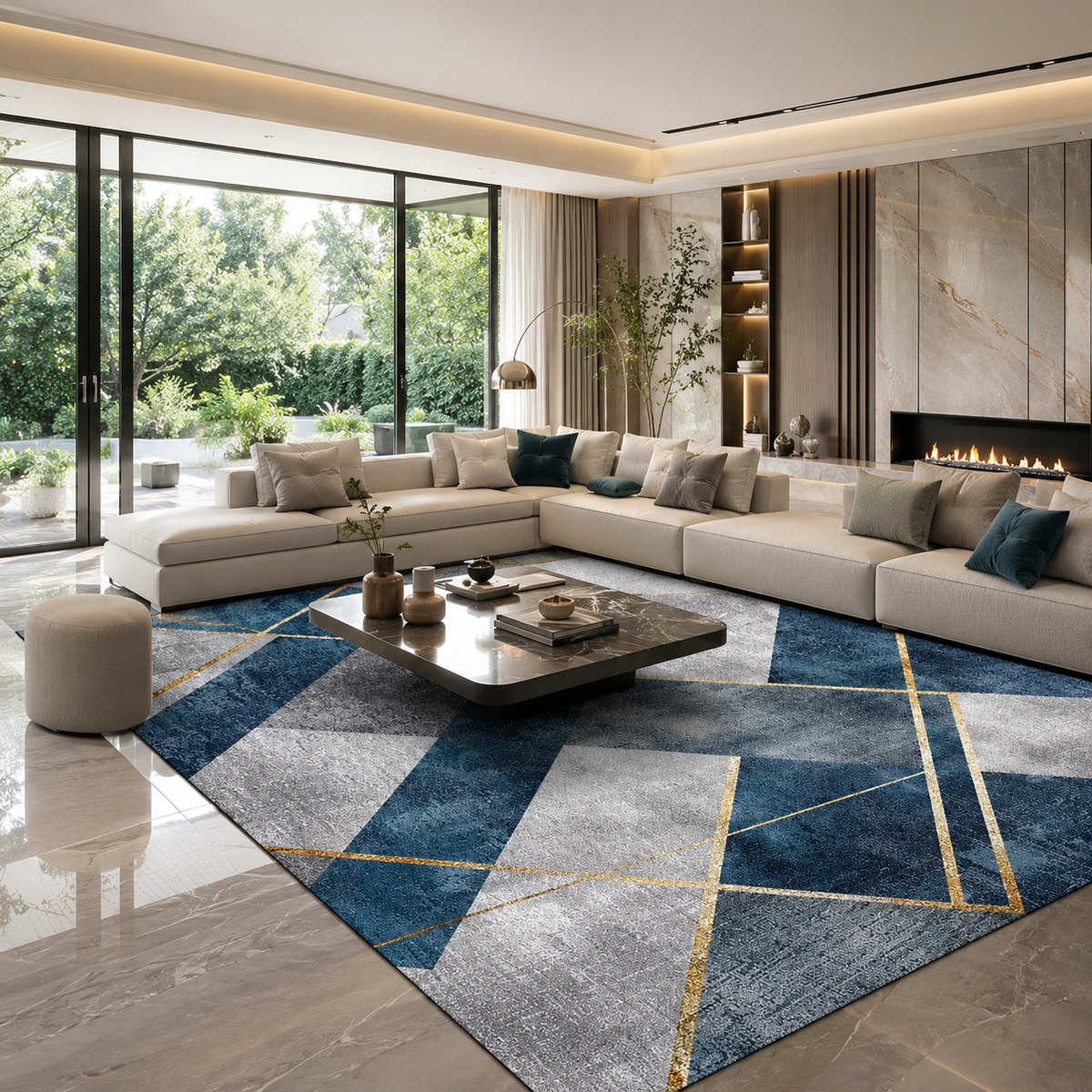 Tapis Géométrique Bleu Ardoise et Or - Azurio