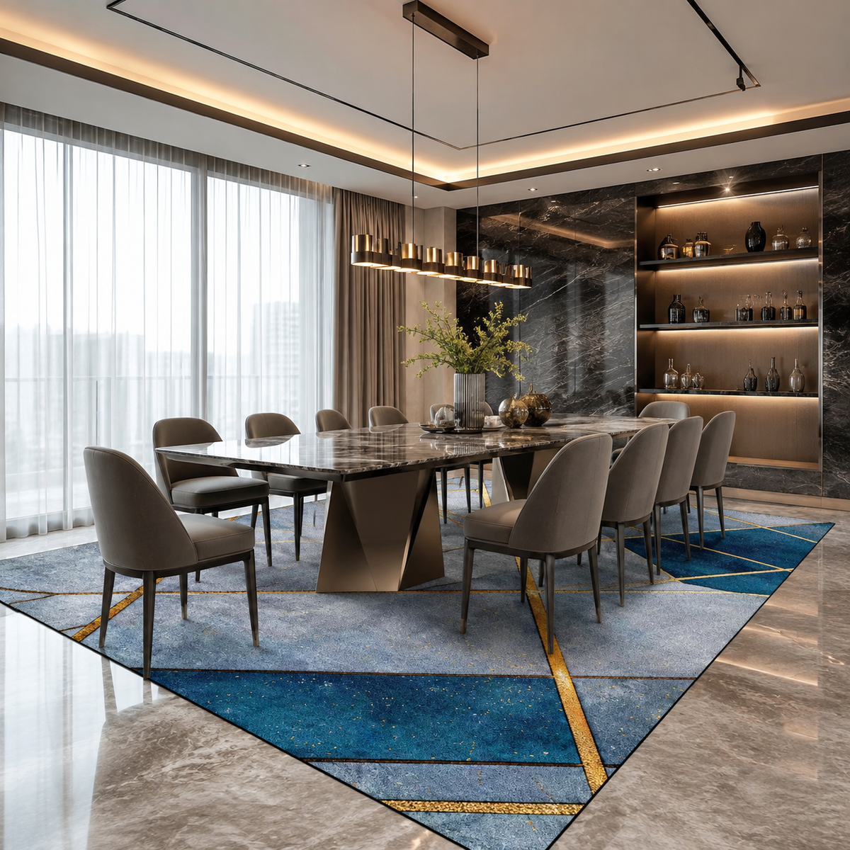 Tapis Géométrique Bleu et Or - Celestia