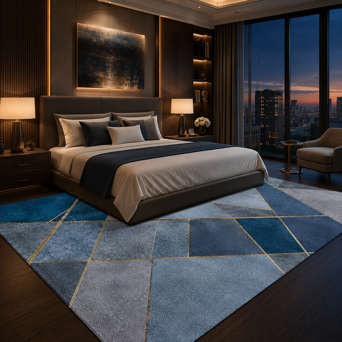 Tapis Géométrique Bleu et Or - Celestia