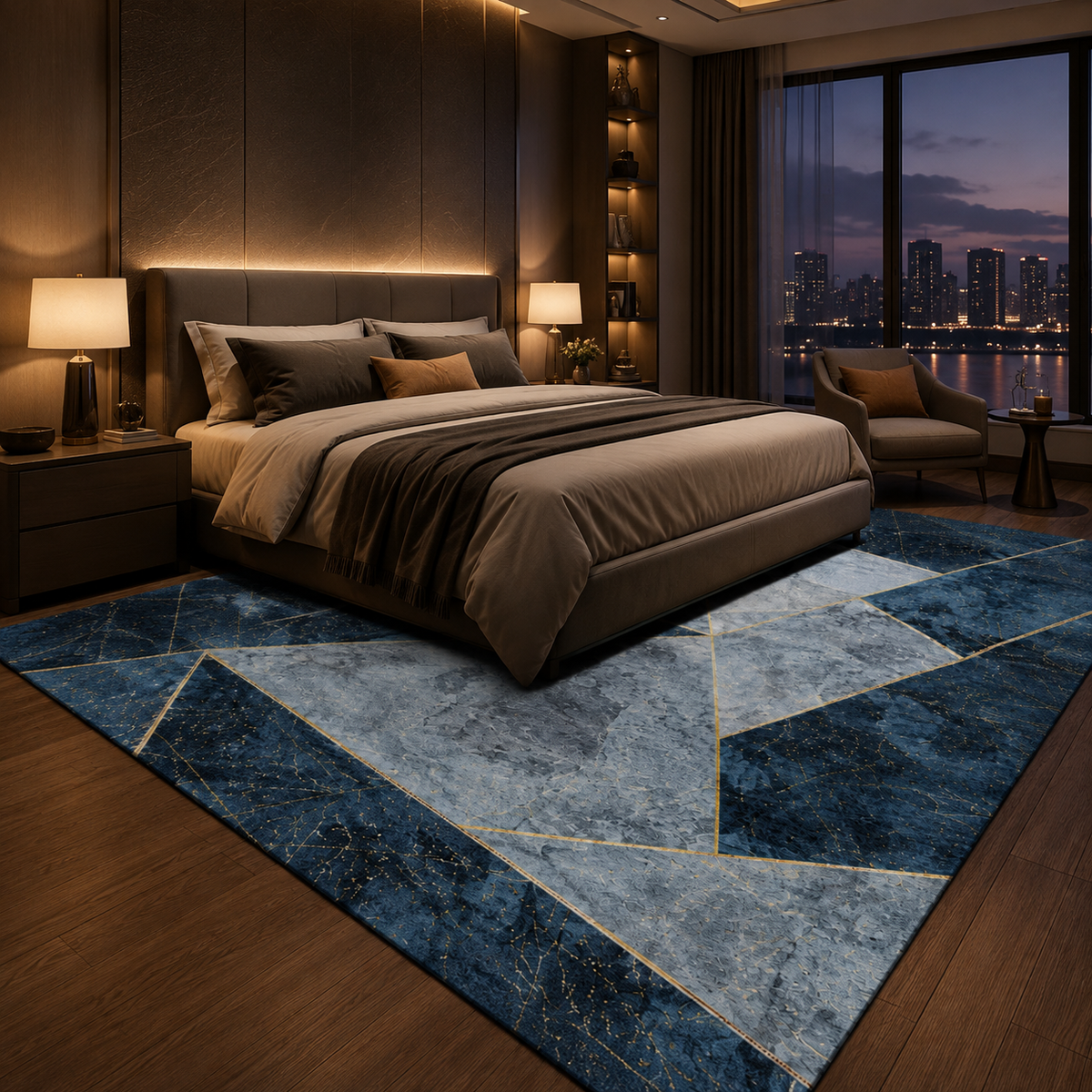 Tapis Géométrique Bleu et Or - Saphir