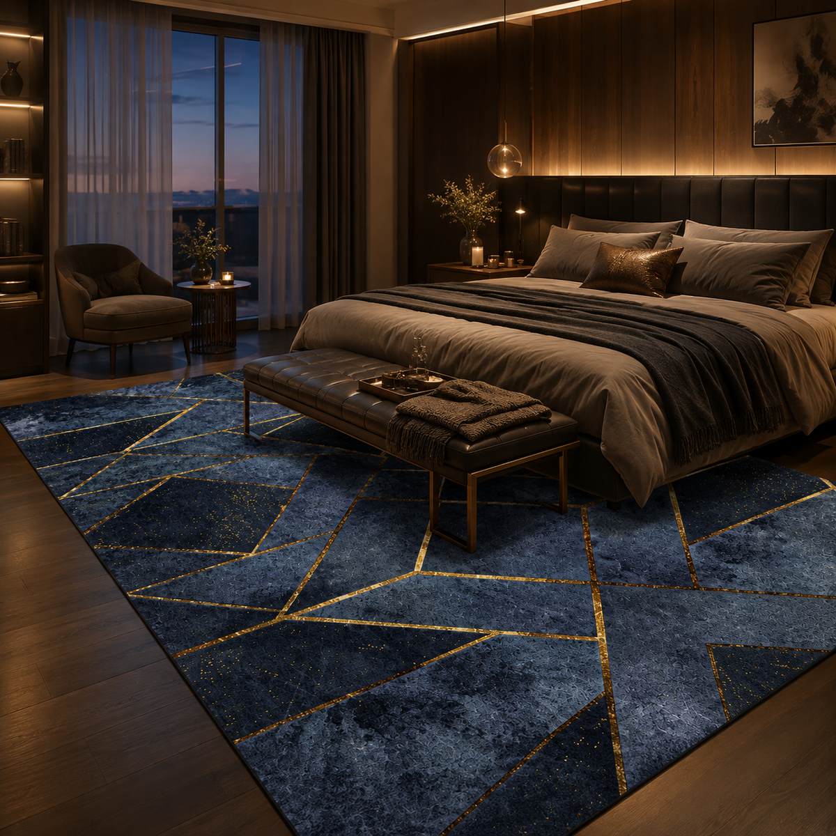 Tapis Géométrique Bleu Nuit et Doré - Noctis