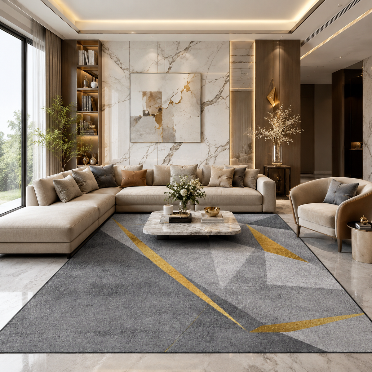 Tapis Géométrique Gris et Or - Aura