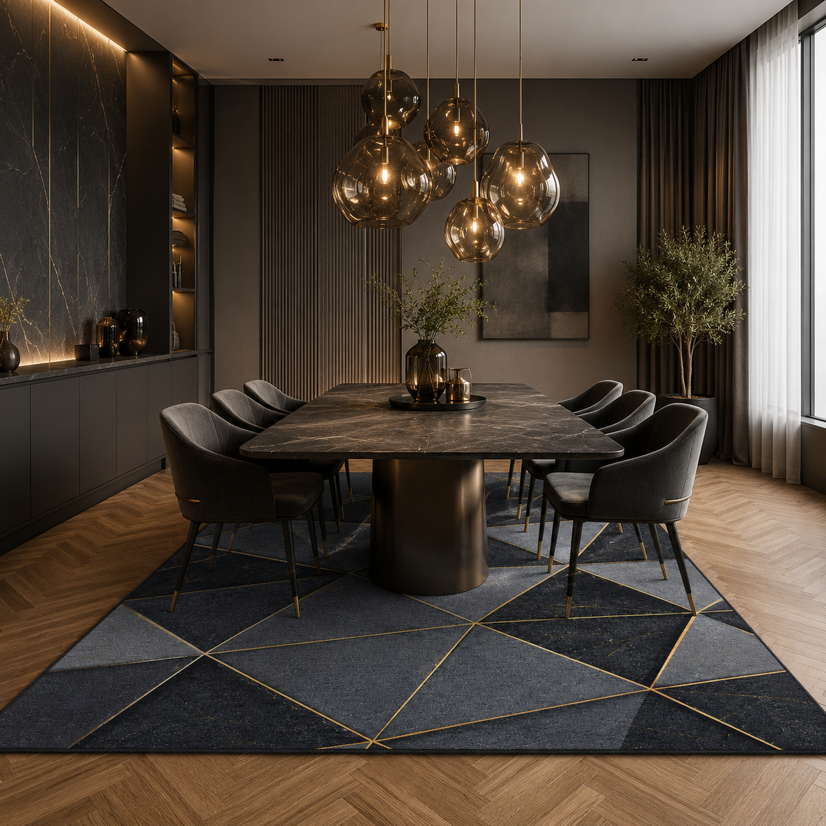 Tapis Géométrique Noir et Or - Noctis