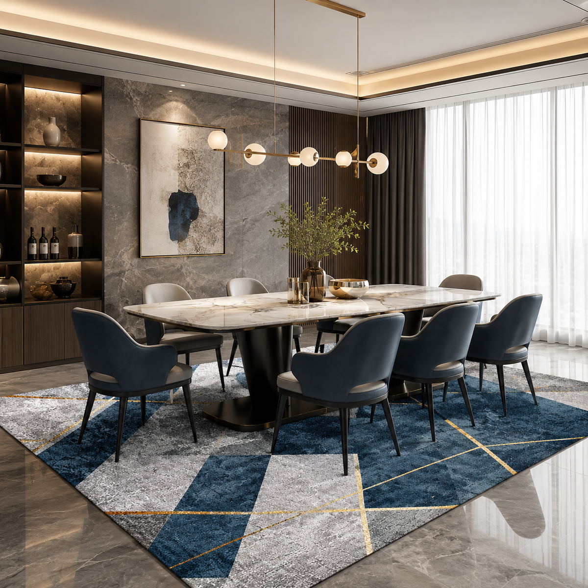 Tapis Géométrique Bleu Ardoise et Or - Azurio