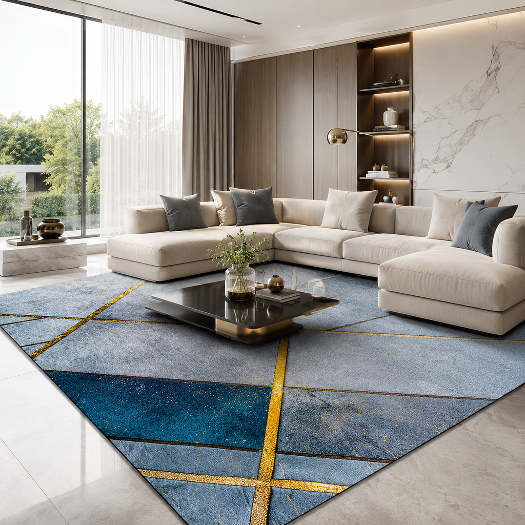 Tapis Géométrique Bleu et Or - Celestia