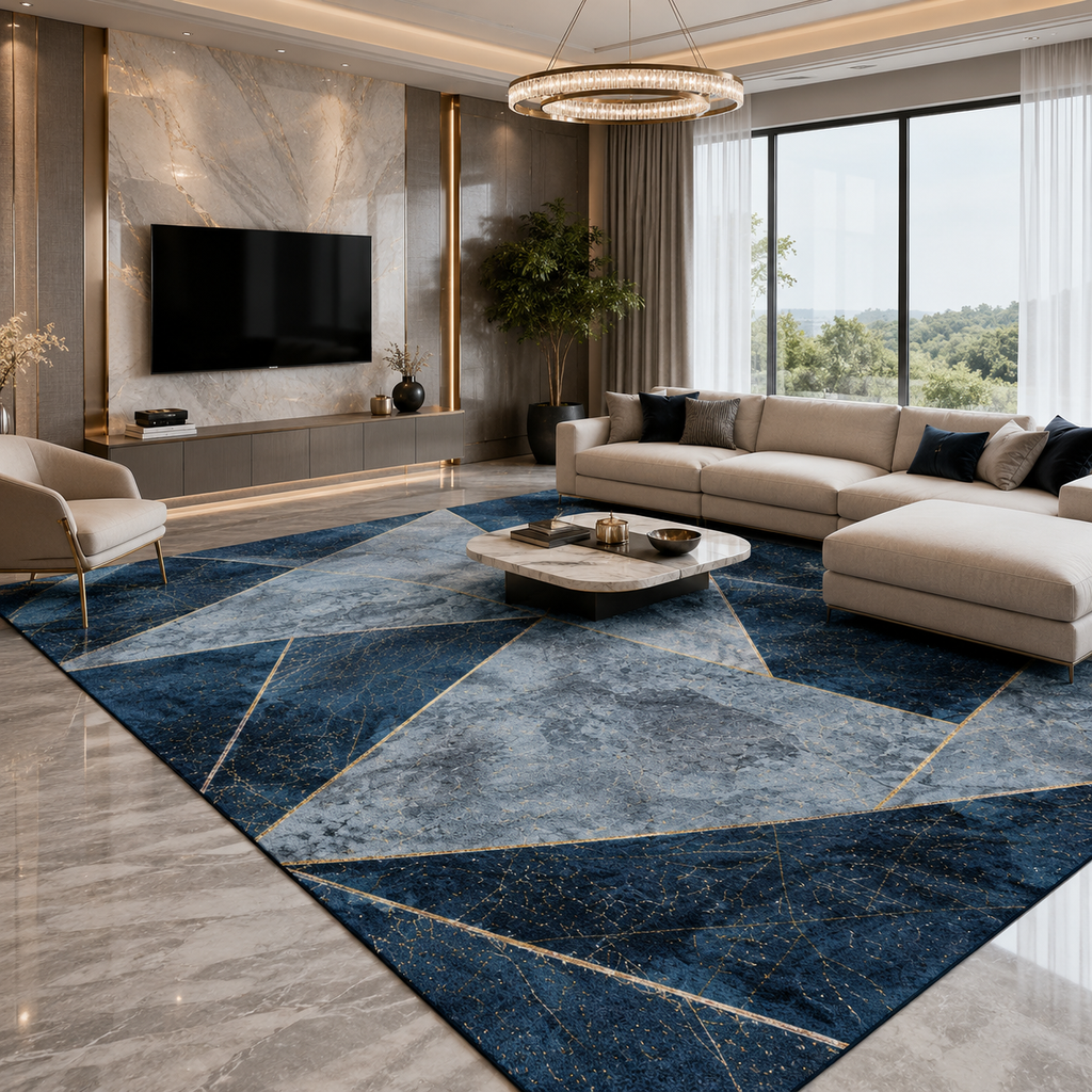 Tapis Géométrique Bleu et Or - Saphir